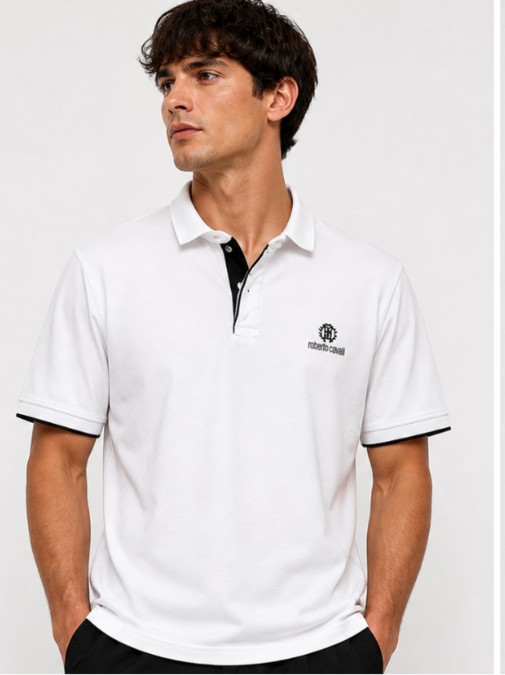 Roberto Cavalli White Polo Shirt with Black Trim